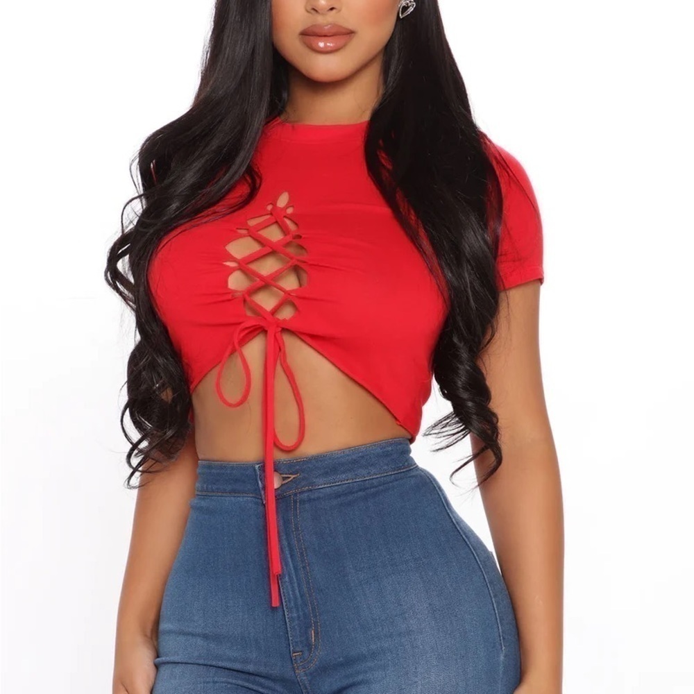 Fashion Nova Red Cropped Lace up High Neck Top Size M
